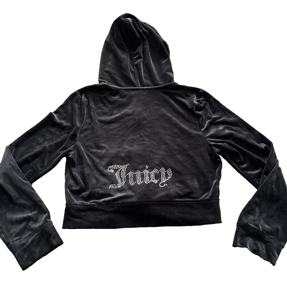 Juicy Couture Velour Hoodie Women XL Black Y2K Rhinestone Cropped Full Zip